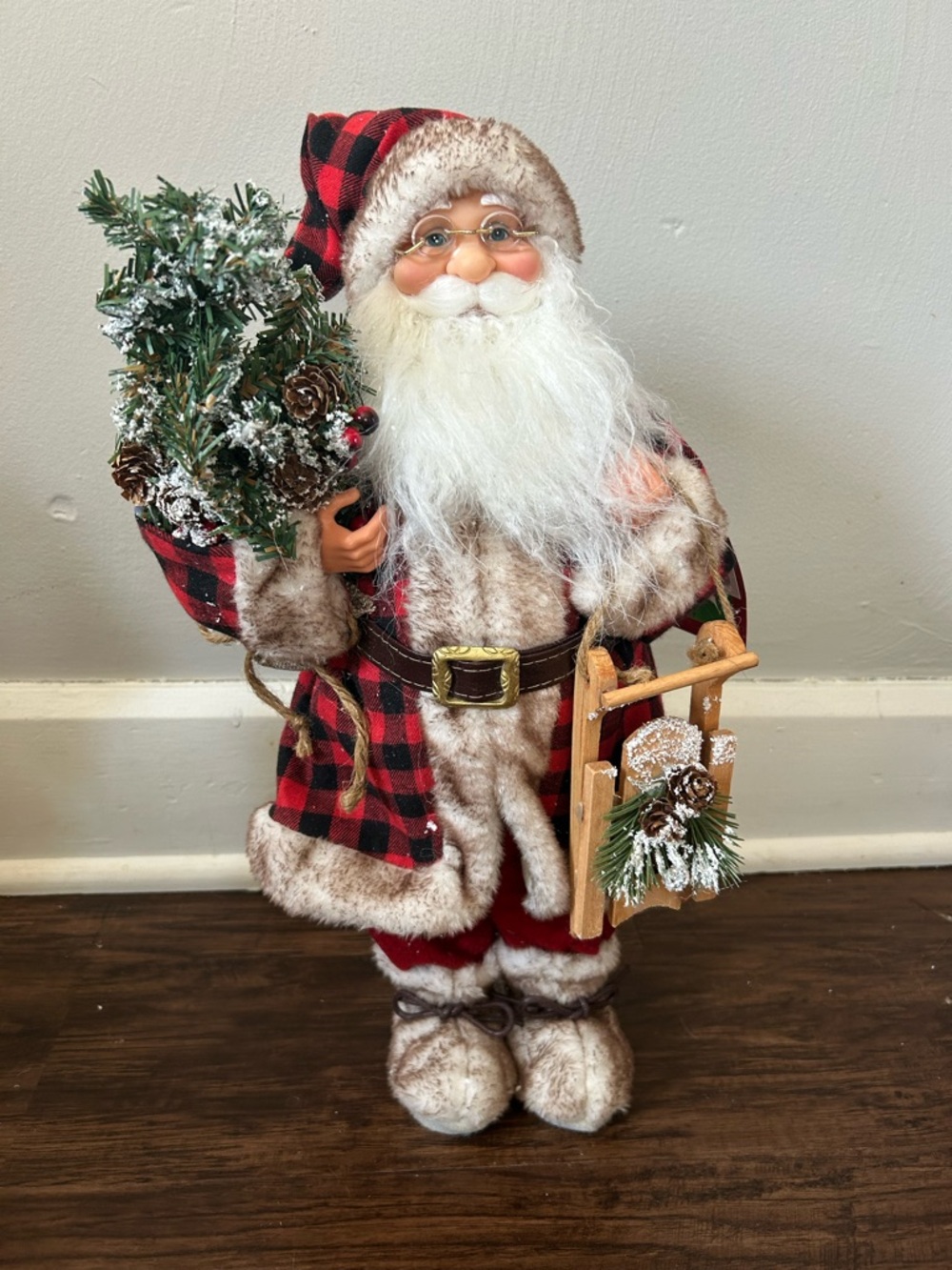 Buffalo Plaid Santa Figure with Snowy Tree - Holiday Décor